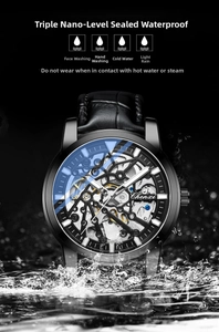 Skeleton mechanical watch with leather strap shown splashing in water for waterproof detail