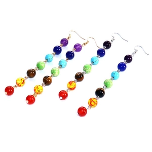 Chakra drop earrings with natural stone beads and colorful bohemian tassels on white background