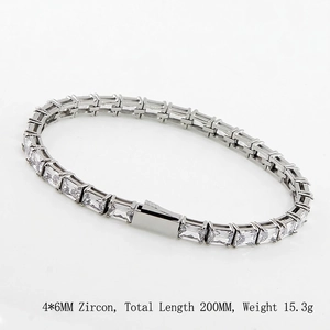 Silver stainless steel tennis bracelet with 4x6mm rectangular zircons, 200mm length