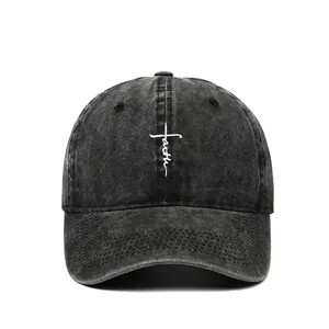 Vintage Baumwoll-Basecap mit FAITH Kreuz-Stickerei und detaillierter Größentabelle