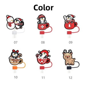 Detail of Christmas themed silicone straw covers featuring snowman and penguin designs