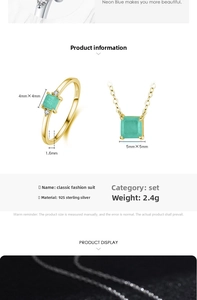 Detailed view of S925 sterling silver ring and necklace set with neon blue square stones