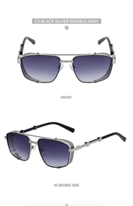 Detail view of steampunk sunglasses with side metal mesh and double gray gradient lenses