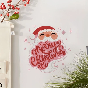 Merry Christmas Santa wall sticker with red berries and pine needles on white wall
