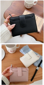 Detail showing high-capacity leather wallets in black, white, and pink with zip closure