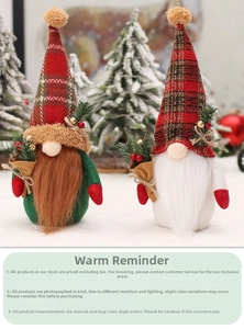 Detail of Christmas gnomes with plaid hats and pine berry accents in a festive setting