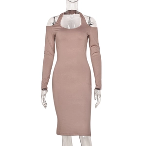 Detail of mauve halter neck cold-shoulder dress with long sleeves and slim fit design