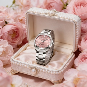 Elegant ladies watch with pink dial and silver steel band in a floral lace gift box