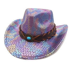 Iridescent purple metallic cowboy hat with snakeskin texture and turquoise leather band