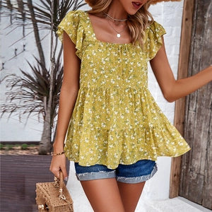 Chic yellow floral square neck top with ruffled sleeves and tiered hem for summer