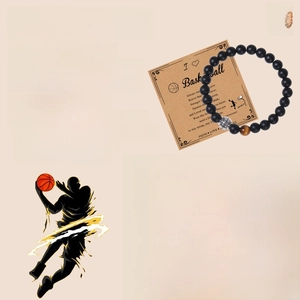 Detail view of 8mm matte tiger eye bead basketball bracelet with gift card packaging