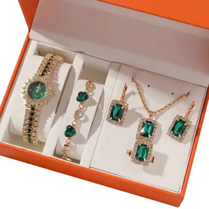 Luxury Alloy Rhinestone Women Watch Jewelry Combination With Green Artificial Gemstone Necklace Bracelet Ring Earrings Gold Tone Quartz Wristwatch