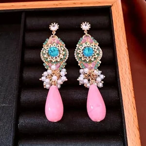 Vintage Bohemian Long Dangle Earrings With Pink Glass Teardrop Zircon Faux Artificial Pearl And 925 Sterling Silver Earring Post