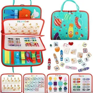Detailed views of felt busy board featuring alphabet, numbers, and fine motor skill tasks