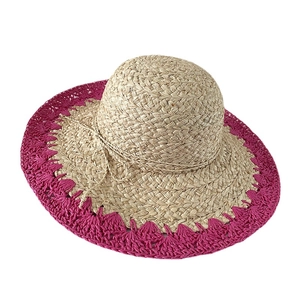 Chapeau de soleil en raphia fait main pour femme avec large bord et bordure rose