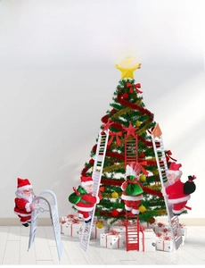 Electric Santa Claus climbing on a red ladder decoration with a green gift bag
