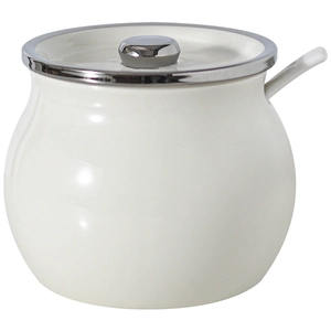 White ceramic lard container with silver-rimmed lid and spoon for kitchen storage