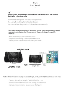 Size comparison chart for black quilted denim chain bags in large and small versions