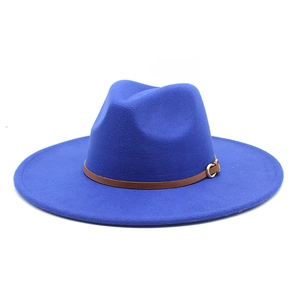 Detailed view of bright blue fedora hat featuring a brown leather band and metal buckle