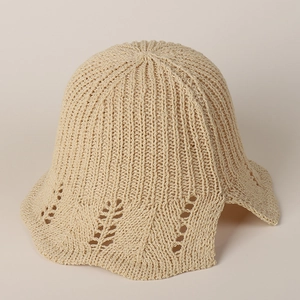 Breathable beige knitted straw hat with floral lace cutout brim for women in summer
