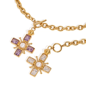 18k gold stainless steel cross necklace with purple zircon and pearl embellishment