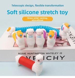 Close-up of colorful pop tube unicorn fidget toys with flexible stretching bodies