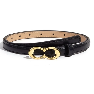 Close-up of black leather belt with gold double C buckle on a clean white background