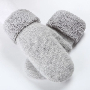 Grey thick wool knitted mittens for women with soft double-layer plush fleece lining