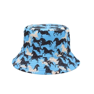 Reversible blue sun hat with horse print pattern for outdoor sun protection