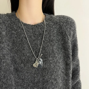 Silver guitar and heart marble pendant necklace on long chain for women hip hop style