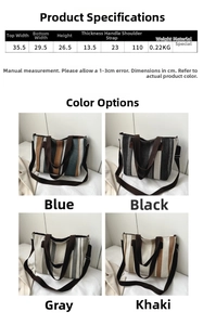 Detailed size chart and dimensions of the striped shoulder tote bag with handle specs