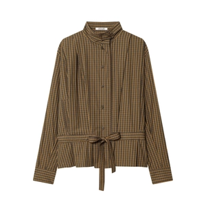 Women Plaid Long Sleeve Blouse Polyester Vintage Casual Bow Waist Tie Single Breasted Elegant Shirt