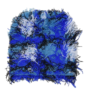 Close-up of knit balaclava hat featuring distressed blue black and white frayed yarn details