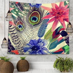 Bohemian Wall Tapestry Polyester Fabric Tropical Floral Peacock Feather Pattern Backdrop Decor For Living Room Bedroom