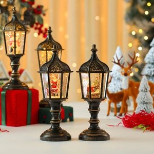 Vintage Christmas lantern with Santa scene and glowing glitter in warm holiday setting