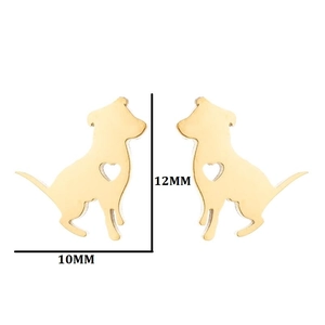Cute golden stainless steel puppy earrings with heart cutout details, 10mm by 12mm size