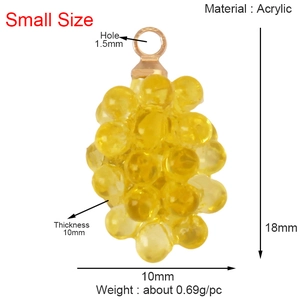 Detailed view of yellow acrylic grape charm with size dimensions for DIY jewelry making