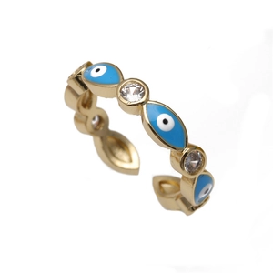 Adjustable gold ring with blue evil eye enamel patterns and sparkling zircon stones