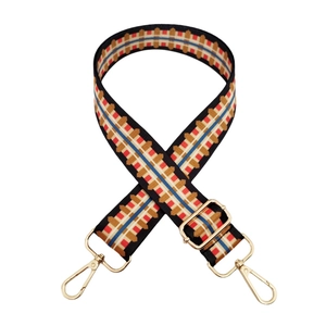 Adjustable woven handbag strap with colorful geometric patterns and gold metal buckles