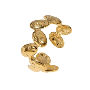 Gold plated open wave ring with textured oval link details in polished stainless steel