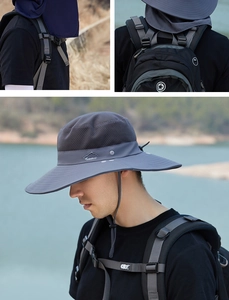 Détails du chapeau de soleil gris foncé à large bord avec maille respirante pour outdoor