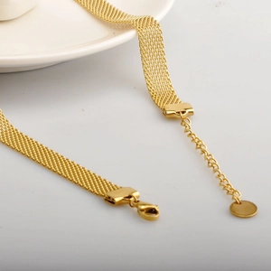 Vintage golden mesh choker necklace with adjustable lobster clasp and round pendant detail