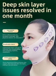 Detail of pink V-line lifting mask featuring 3D tailoring and high-stretch breathable fabric