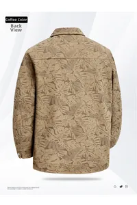 Rear view of men's brown corduroy jacket featuring a vintage tropical leaf print pattern