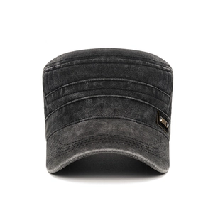 Vintage washed charcoal gray cotton cadet cap with sport label and flat top design