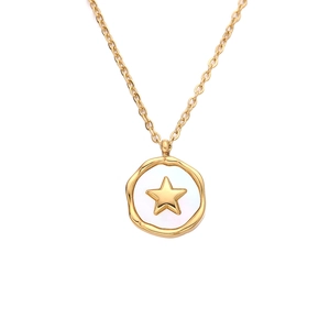 Elegant gold titanium steel star pendant necklace with celestial lava frame on white background