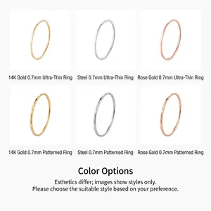 Minimalist 0.7mm 14K gold titanium steel rings in smooth and hammered finishes