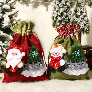 Christmas Drawstring Gift Bag Stereoscopic Santa Claus Snowman Doll Candy Bag Linen-look Burlap Sack For Party Holiday Favor