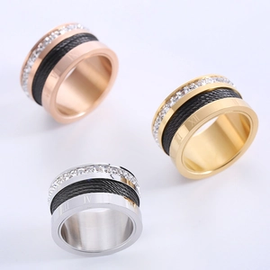 Modern wide band rings with roman numerals and black cable inlay in three metallic colors