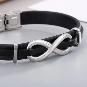 Men's double-layer black braided leather bracelet with a silver stainless steel infinity charm